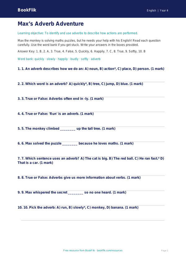 Free Adverbs Quiz | Year 4 Supported | BookFlik worksheet preview — English Adverbs