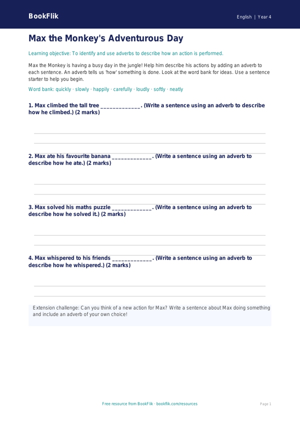 Free Adverbs Template | Year 4 Supported | BookFlik worksheet preview — English Adverbs