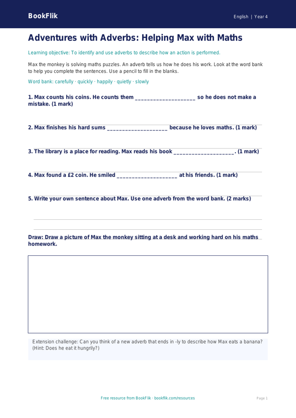 Free Adverbs Worksheet | Year 4 Supported | BookFlik worksheet preview — English Adverbs