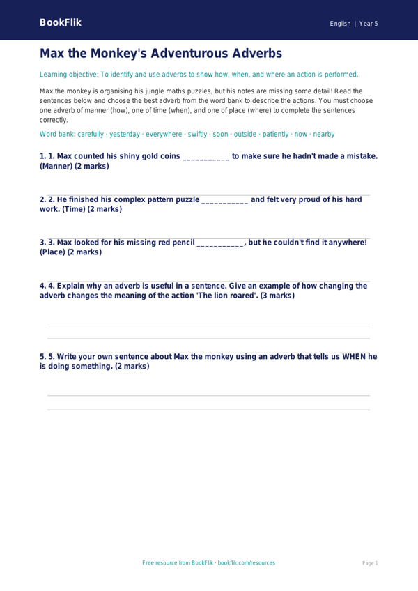 Free Adverbs Activity Sheet | Year 5 Core | BookFlik worksheet preview — English Adverbs
