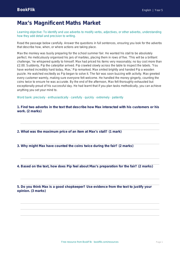 Free Adverbs Comprehension | Year 5 Core | BookFlik worksheet preview — English Adverbs