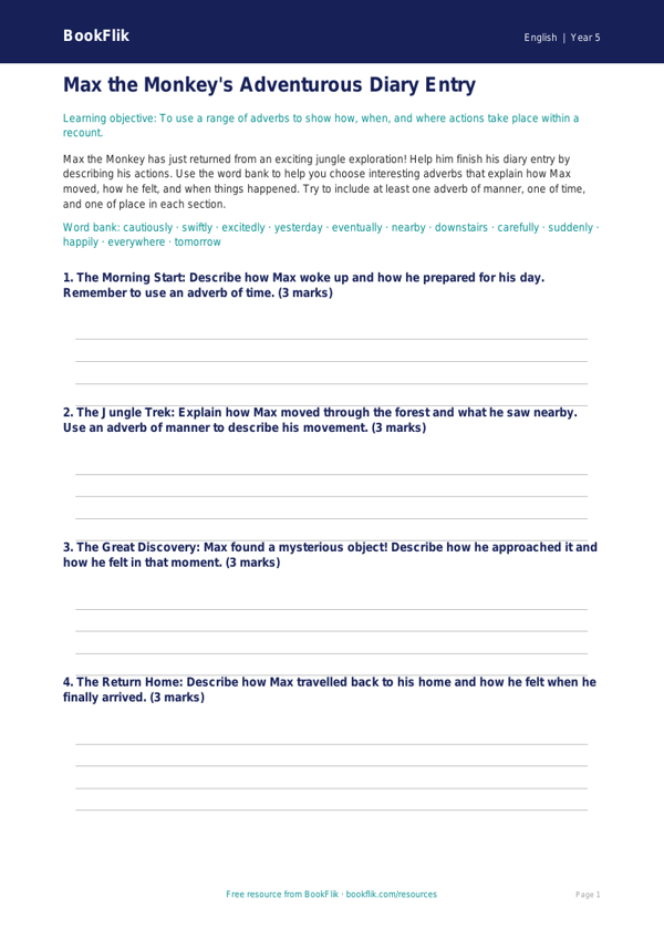 Free Adverbs Worksheet | Year 5 Grammar Practice | BookFlik worksheet preview — English Adverbs