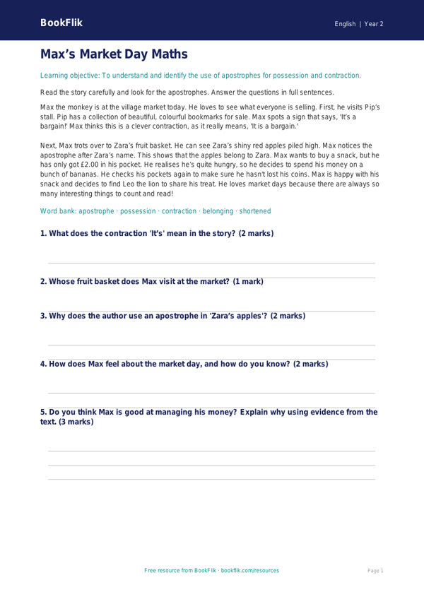 Free Apostrophes Comprehension | Year 2 Core | BookFlik worksheet preview — English Apostrophes