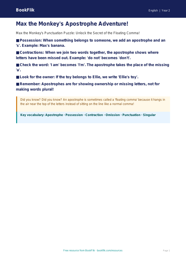 Free Apostrophes Poster | Year 2 Core | BookFlik worksheet preview — English Apostrophes