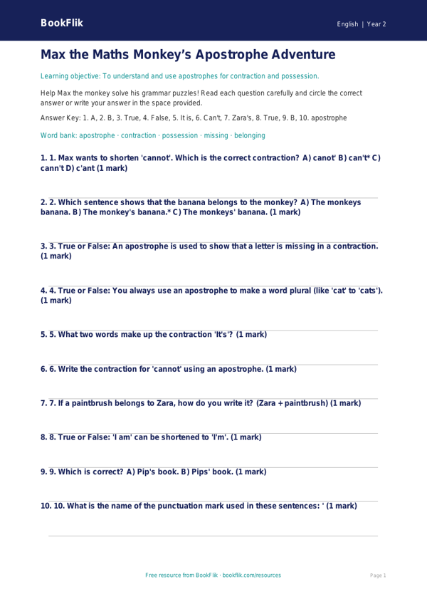 Free Apostrophes Quiz | Year 2 Core | BookFlik worksheet preview — English Apostrophes