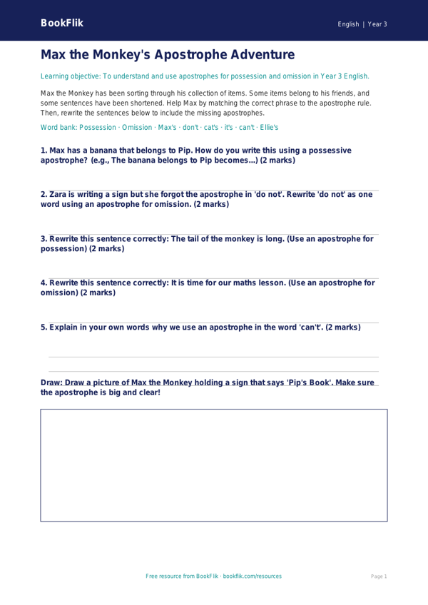 Free Apostrophes Activity Sheet | Year 3 Core | BookFlik worksheet preview — English Apostrophes