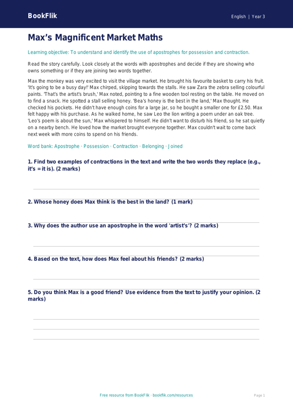Free Apostrophes Comprehension | Year 3 Core | BookFlik worksheet preview — English Apostrophes