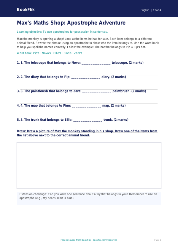 Free Apostrophes Activity Sheet | Year 4 Supported | BookFlik worksheet preview — English Apostrophes