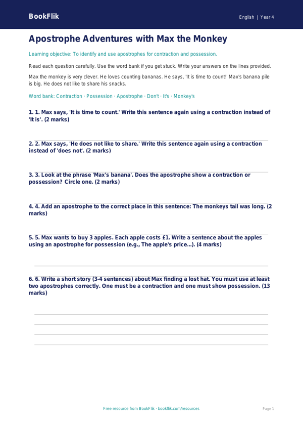 Free Apostrophes Assessment | Year 4 Supported | BookFlik worksheet preview — English Apostrophes
