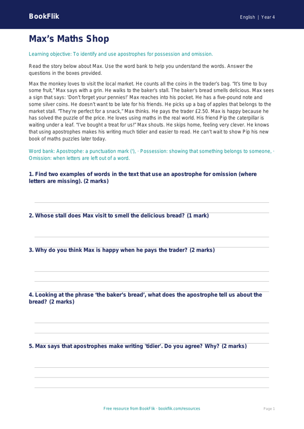 Free Apostrophes Comprehension | Year 4 Supported | BookFlik worksheet preview — English Apostrophes