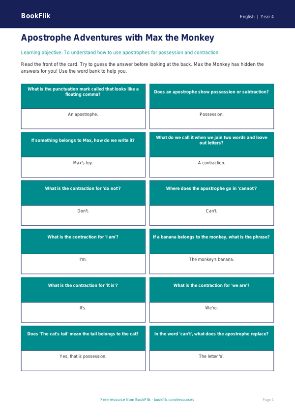 Free Apostrophes Flashcards | Year 4 Supported | BookFlik worksheet preview — English Apostrophes