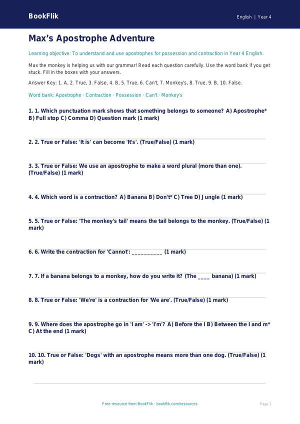 Free Apostrophes Quiz | Year 4 Supported | BookFlik worksheet preview — English Apostrophes