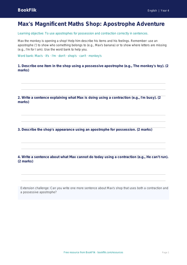 Free Apostrophes Worksheet | Year 4 Grammar Practice | BookFlik worksheet preview — English Apostrophes