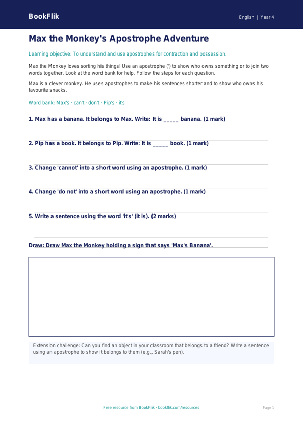 Free Apostrophes Worksheet | Year 4 Supported | BookFlik worksheet preview — English Apostrophes
