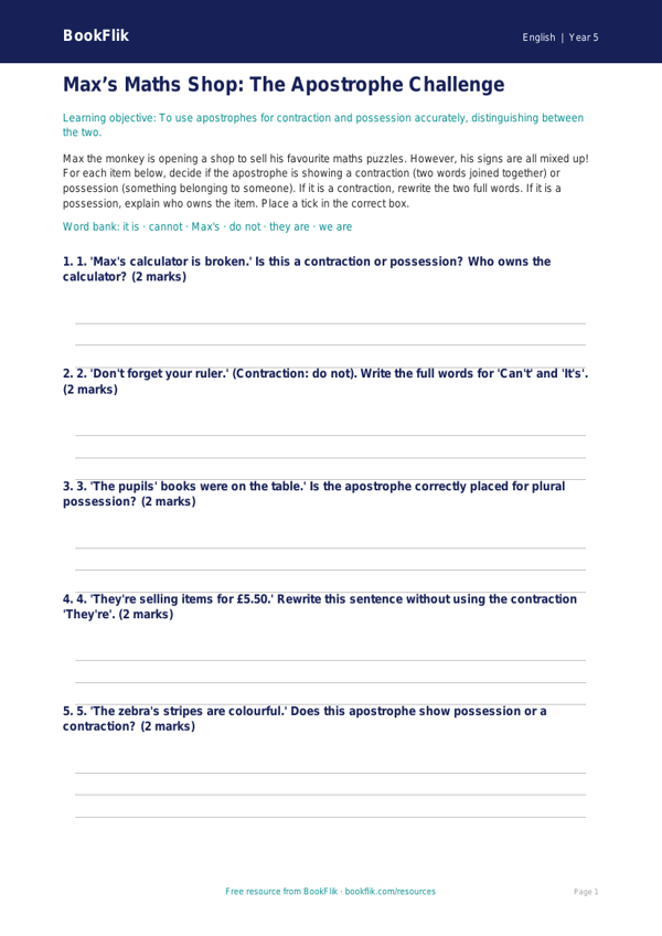 Free Apostrophes Activity Sheet | Year 5 Core | BookFlik worksheet preview — English Apostrophes