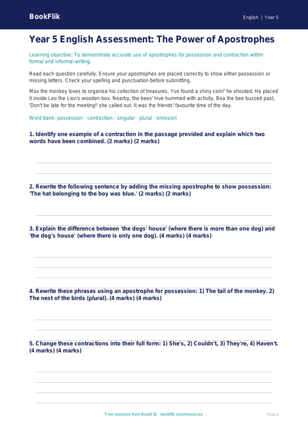 Free Apostrophes Assessment | Year 5 Core | BookFlik worksheet preview — English Apostrophes