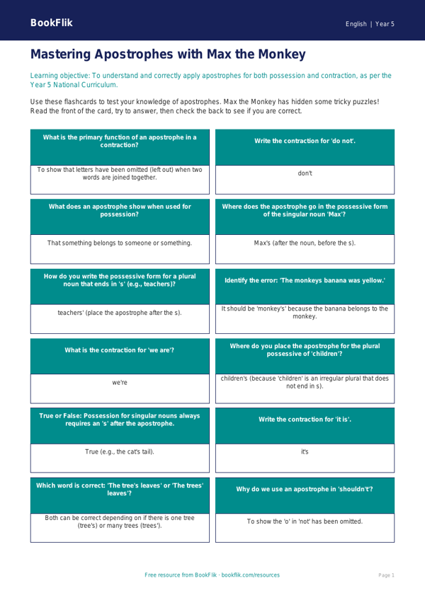 Free Apostrophes Flashcards | Year 5 Core | BookFlik worksheet preview — English Apostrophes