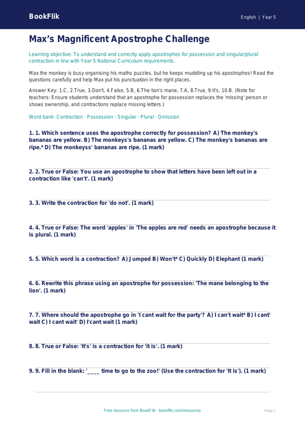 Free Apostrophes Quiz | Year 5 Core | BookFlik worksheet preview — English Apostrophes