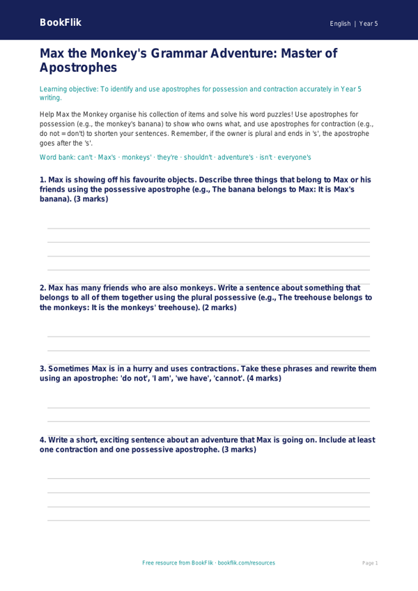 Free Apostrophes Worksheet | Year 5 Grammar Practice | BookFlik worksheet preview — English Apostrophes