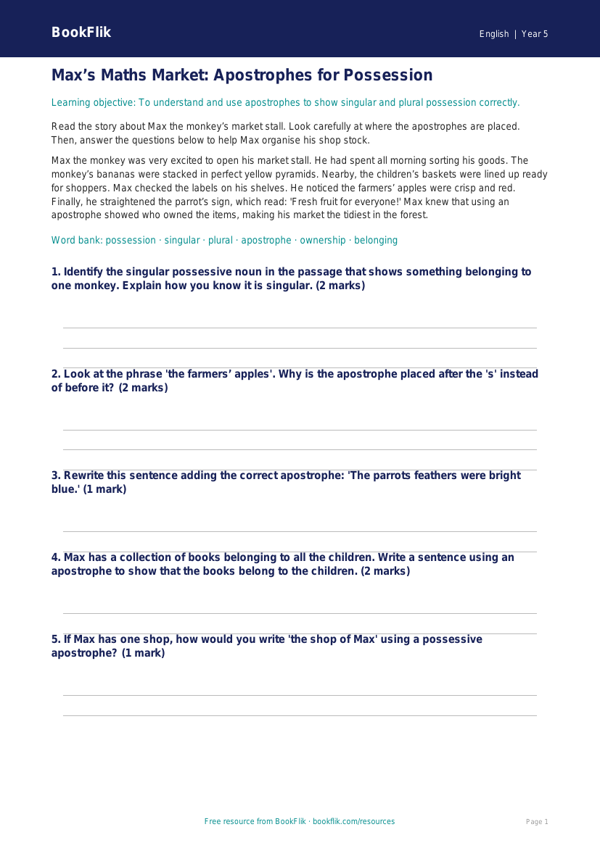 Free Apostrophes Practice Worksheet | Year 5 Grammar | BookFlik worksheet preview — English Apostrophes