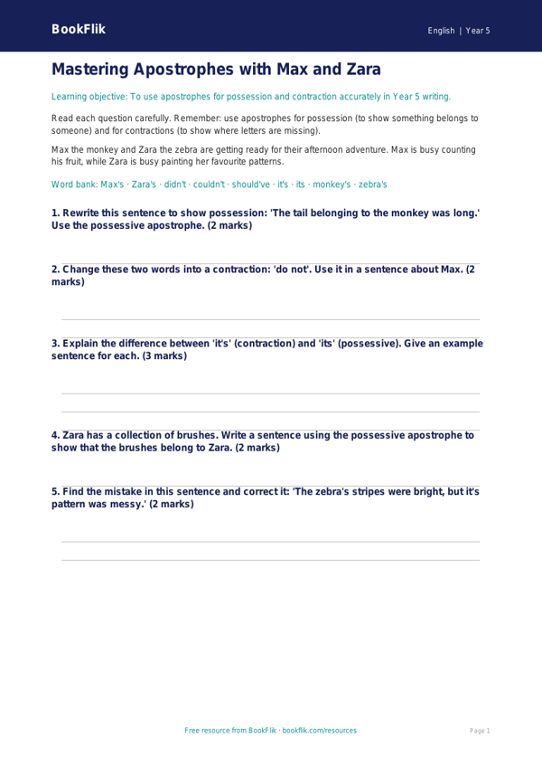 Free Apostrophes Worksheet | Year 5 Core | BookFlik worksheet preview — English Apostrophes