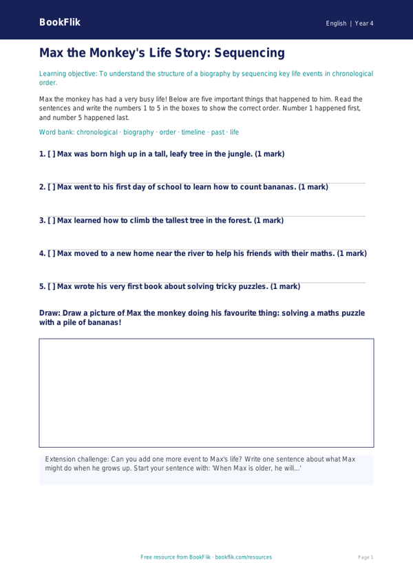 Free Biography Activity Sheet | Year 4 Supported | BookFlik worksheet preview — English Biography