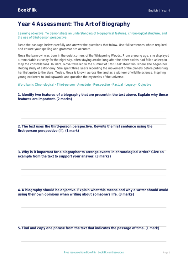 Free Biography Assessment | Year 4 Greater Depth | BookFlik worksheet preview — English Biography