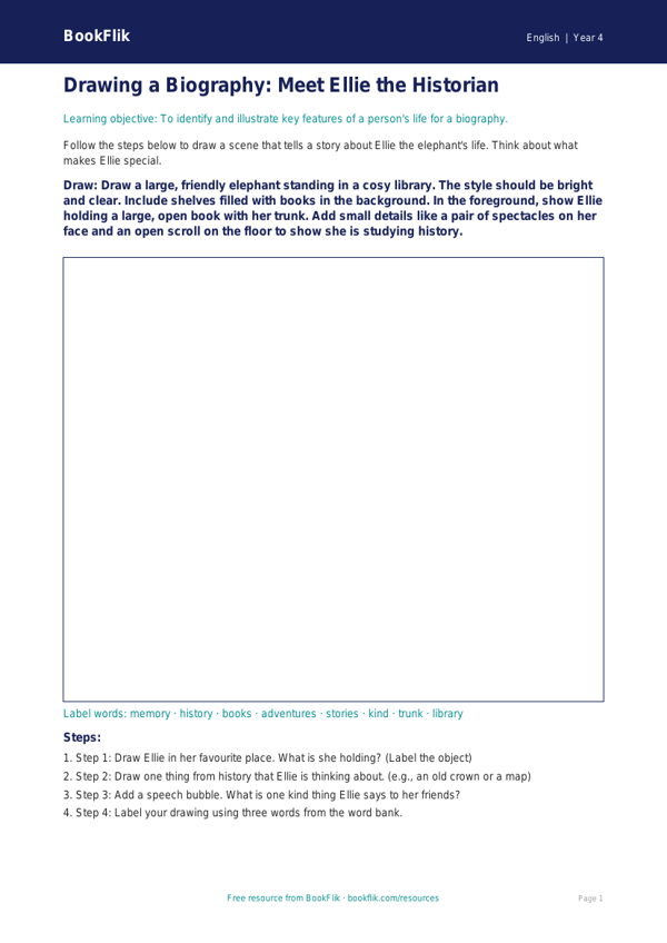 Free Biography Drawing Sheet | Year 4 Supported | BookFlik worksheet preview — English Biography