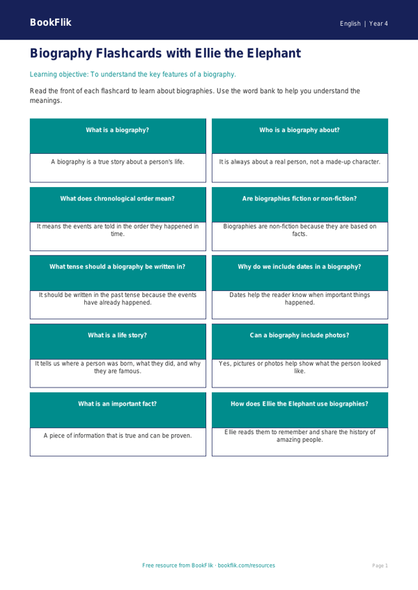 Free Biography Flashcards | Year 4 Supported | BookFlik worksheet preview — English Biography