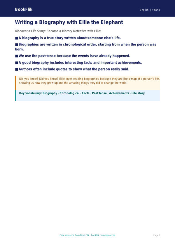 Free Biography Poster | Year 4 Supported | BookFlik worksheet preview — English Biography