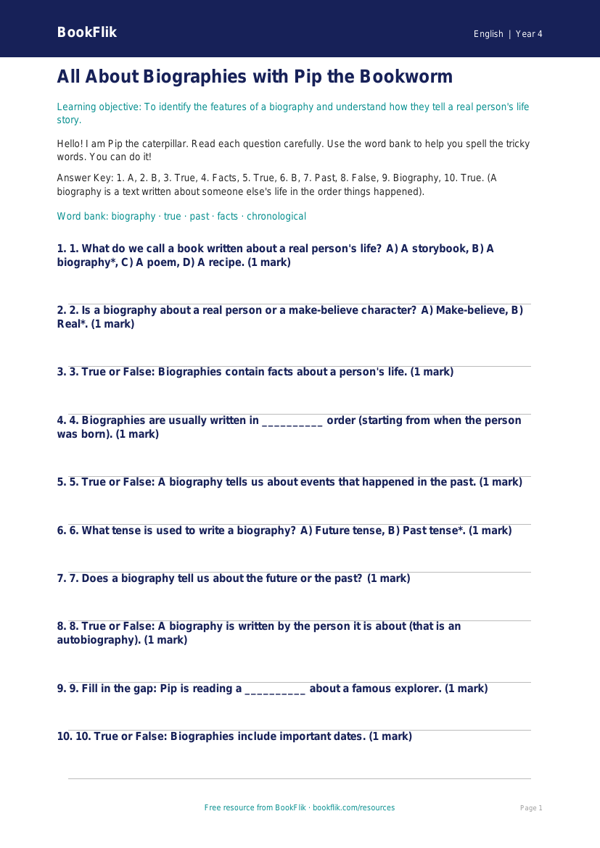 Free Biography Quiz | Year 4 Supported | BookFlik worksheet preview — English Biography