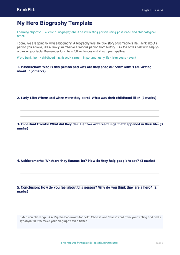 Free Biography Template | Year 4 Supported | BookFlik worksheet preview — English Biography