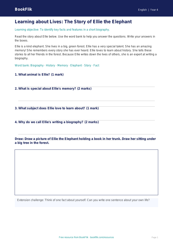 Free Biography Track Sheet | Year 4 Supported | BookFlik worksheet preview — English Biography