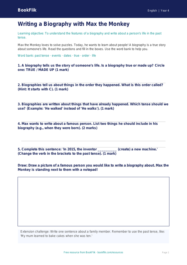 Free Biography Worksheet | Year 4 Supported | BookFlik worksheet preview — English Biography