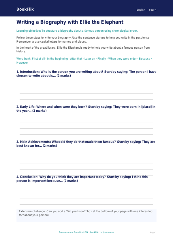 Free Biography Writing Frame | Year 4 Supported | BookFlik worksheet preview — English Biography