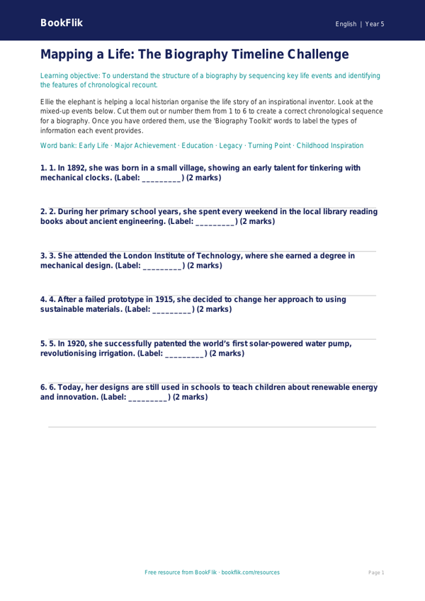 Free Biography Activity Sheet | Year 5 Core | BookFlik worksheet preview — English Biography