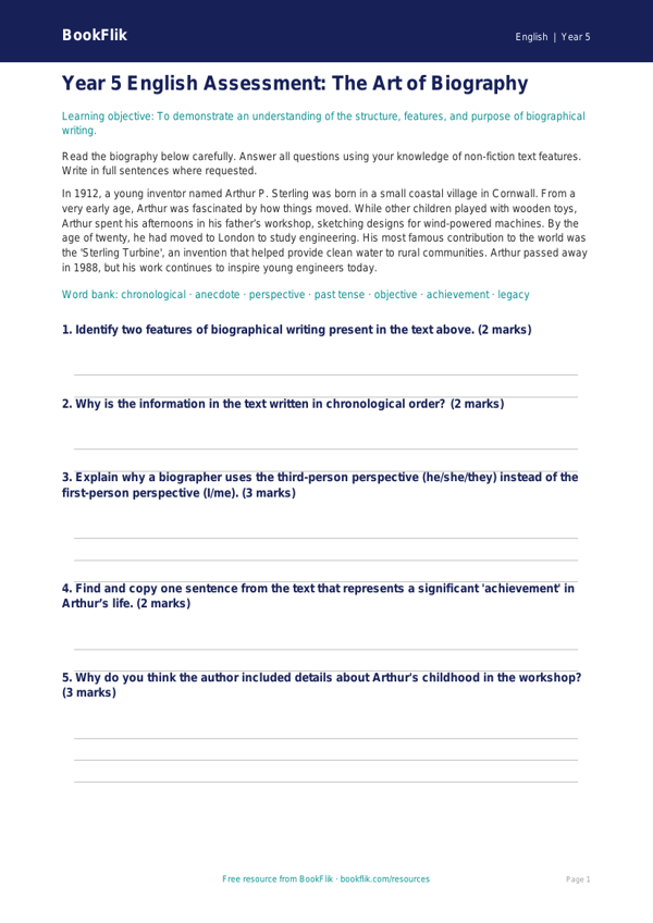 Free Biography Assessment | Year 5 Core | BookFlik worksheet preview — English Biography