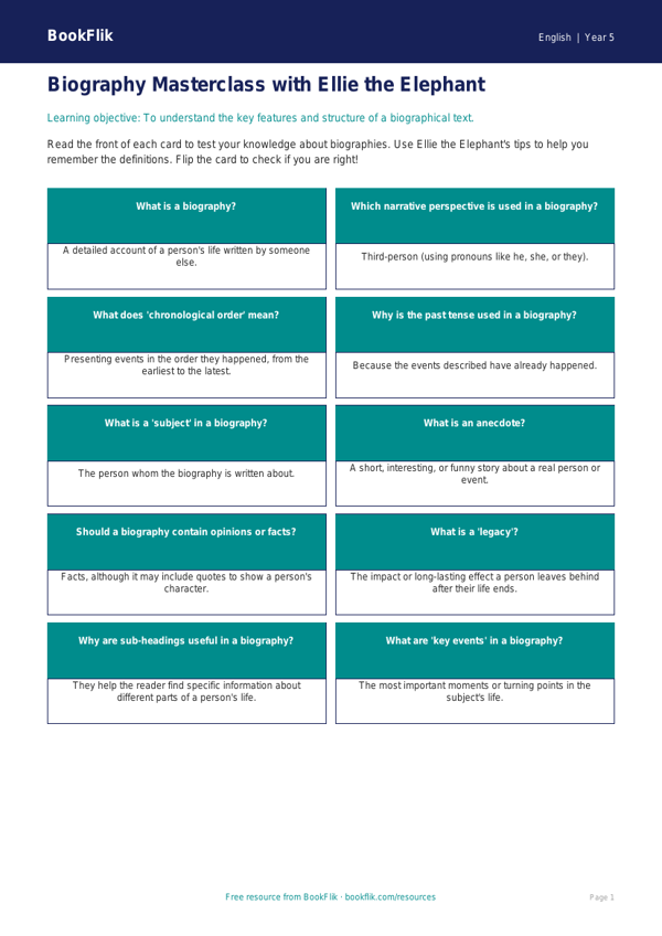 Free Biography Flashcards | Year 5 Core | BookFlik worksheet preview — English Biography