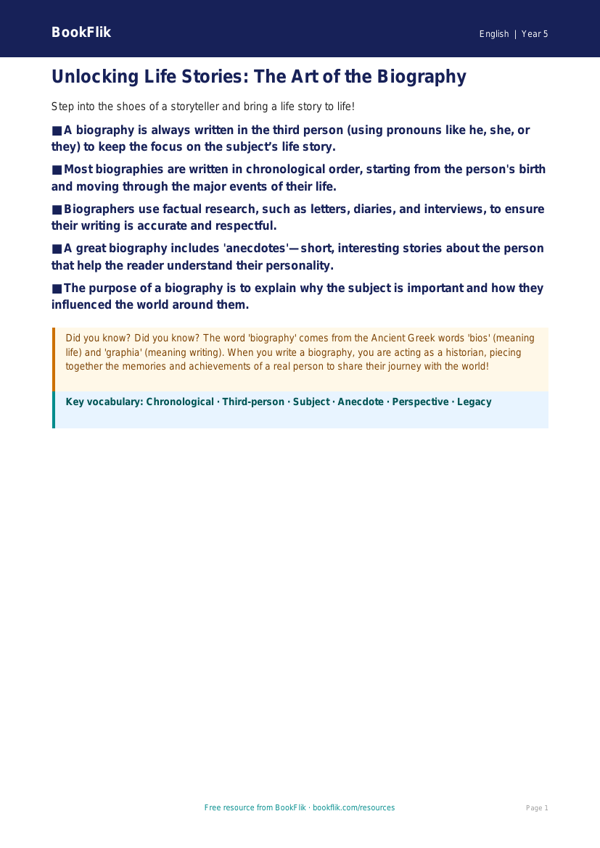 Free Biography Poster | Year 5 Core | BookFlik worksheet preview — English Biography