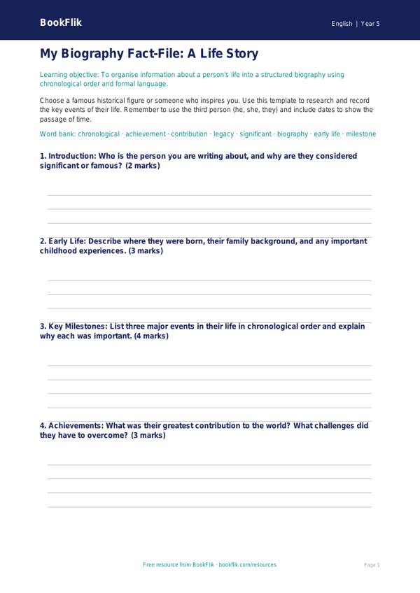 Free Biography Template | Year 5 Core | BookFlik worksheet preview — English Biography