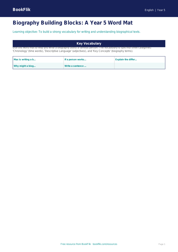 Free Biography Word Mat | Year 5 Core | BookFlik worksheet preview — English Biography