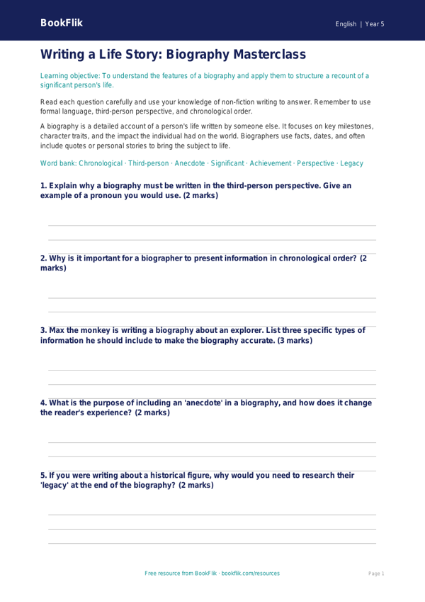 Free Biography Worksheet | Year 5 Core | BookFlik worksheet preview — English Biography