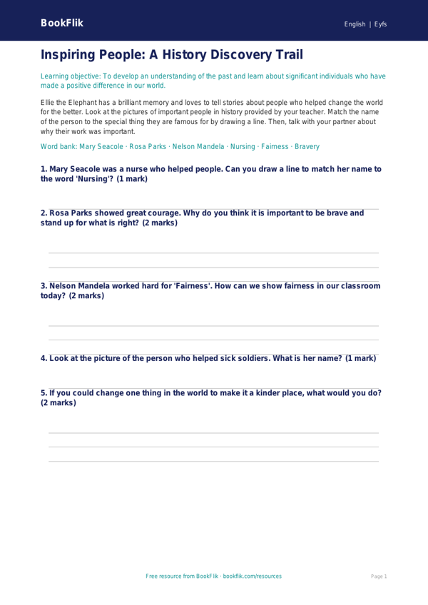 Free Black History Month Activity Sheet | EYFS Core | BookFlik worksheet preview — English Black History Month
