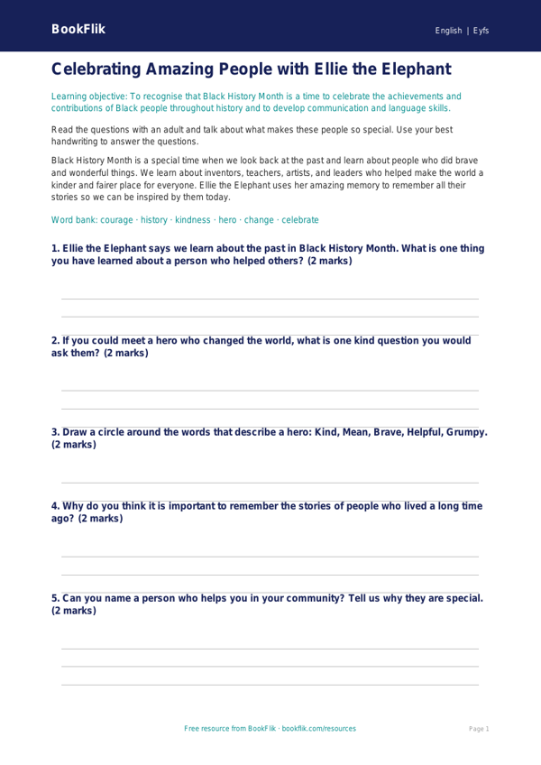 Free Black History Month Worksheet | EYFS Core | BookFlik worksheet preview — English Black History Month