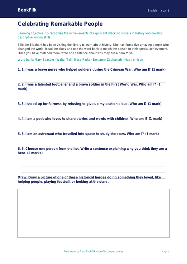 Free Black History Month Activity Sheet | Year 1 Core | BookFlik worksheet preview — English Black History Month