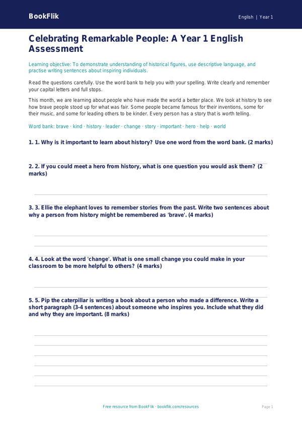 Free Black History Month Assessment | Year 1 Core | BookFlik worksheet preview — English Black History Month