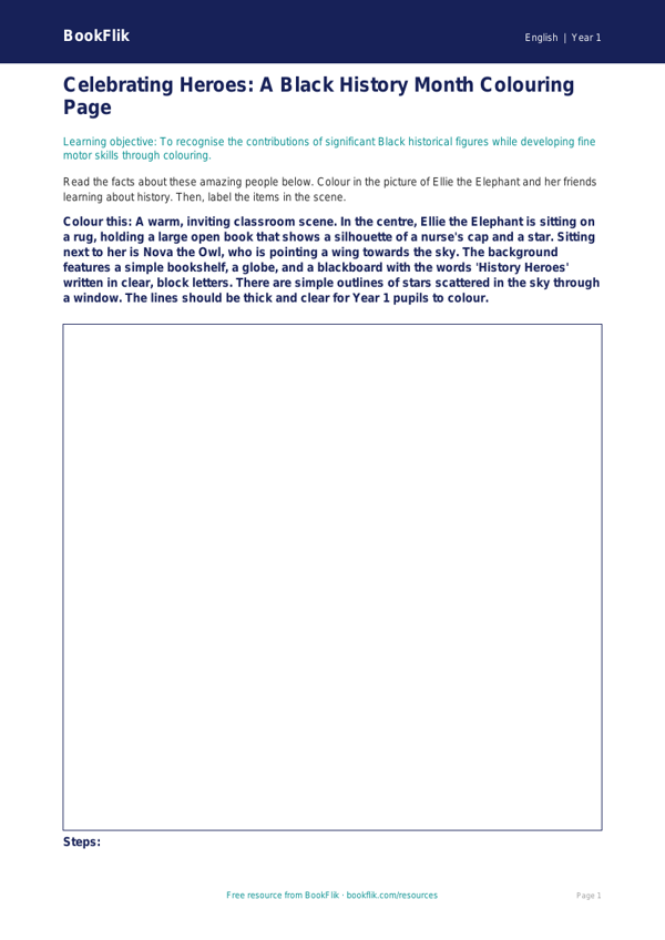 Free Black History Month Colouring Page | Year 1 Core | BookFlik worksheet preview — English Black History Month