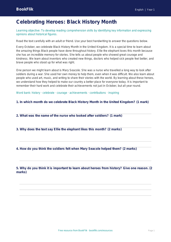 Free Black History Month Comprehension | Year 1 Core | BookFlik worksheet preview — English Black History Month