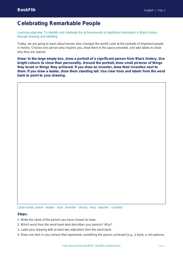 Free Black History Month Drawing Sheet | Year 1 Core | BookFlik worksheet preview — English Black History Month