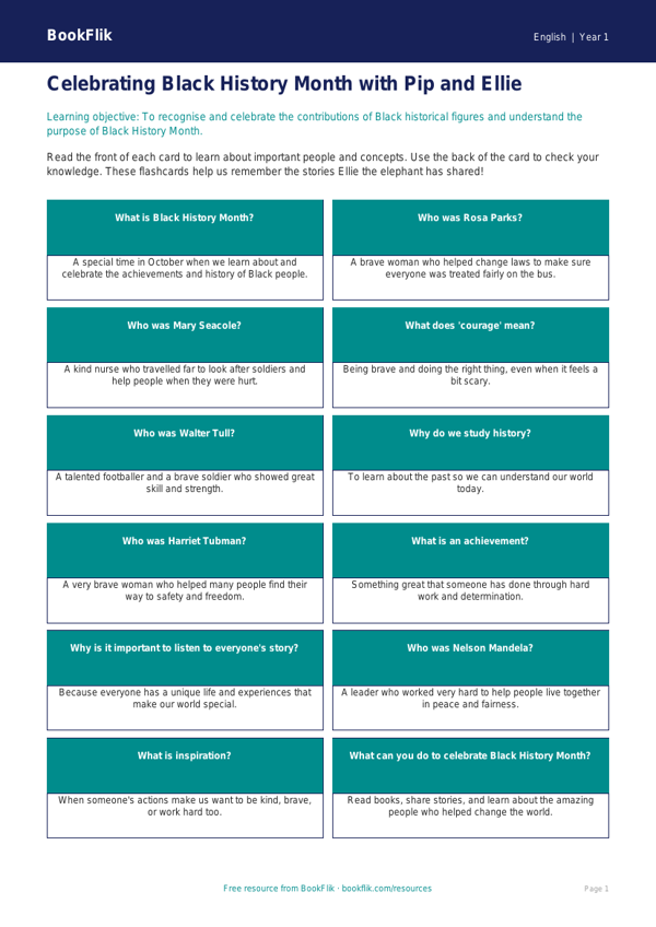 Free Black History Month Flashcards | Year 1 Core | BookFlik worksheet preview — English Black History Month